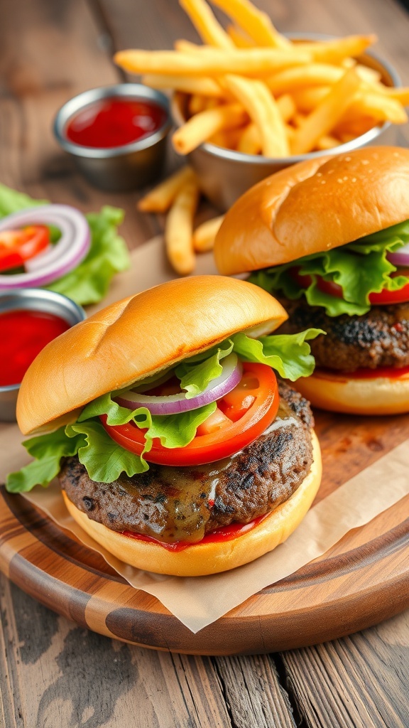 Two hamburger patties on buns with lettuce, tomato, and onion, served with fries and ketchup.